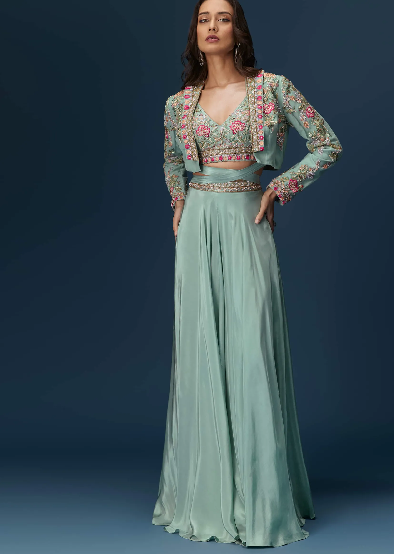 Blue Embroidered Palazzo Set With Coordinated Jacket And Blouse