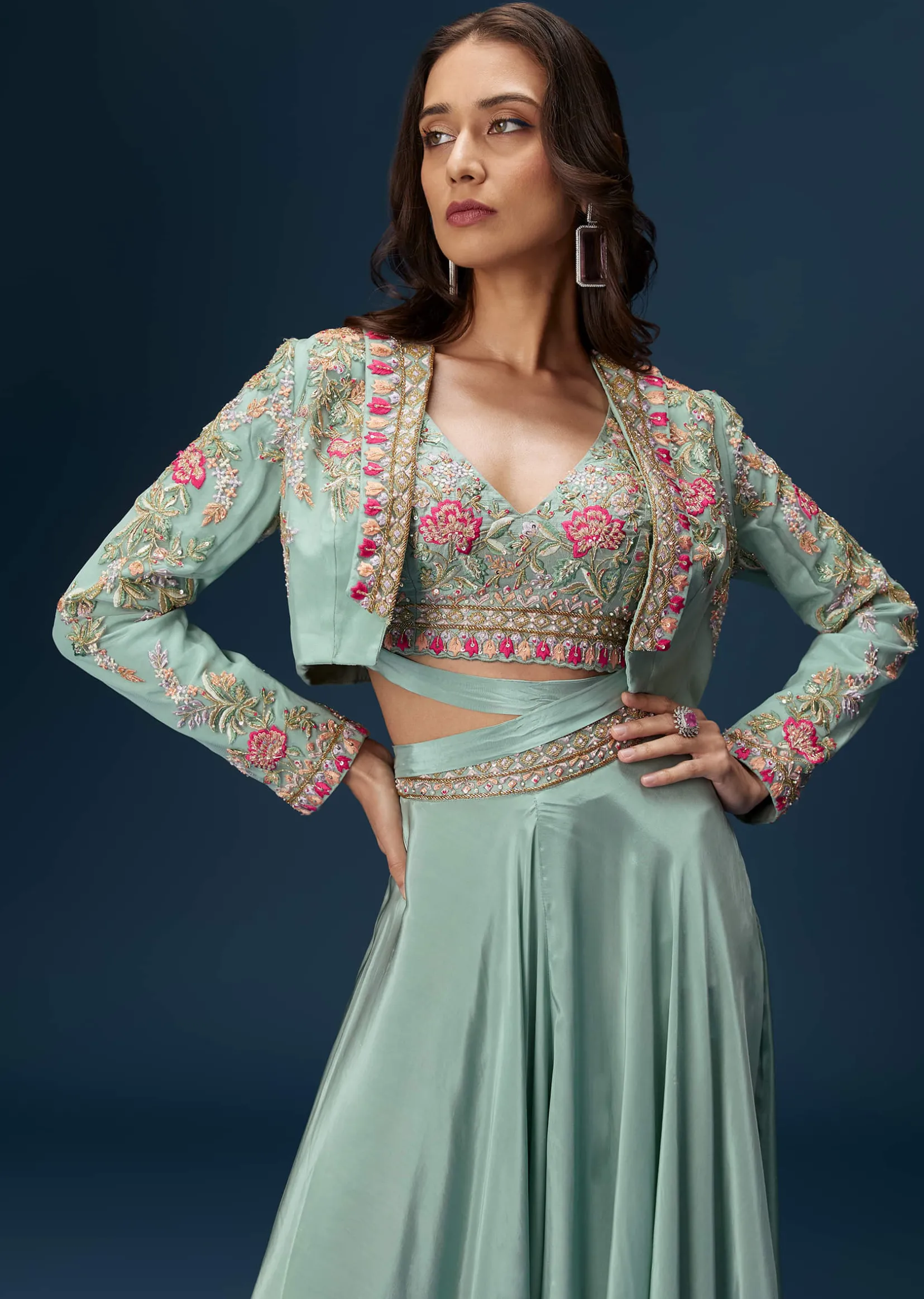 Blue Embroidered Palazzo Set With Coordinated Jacket And Blouse