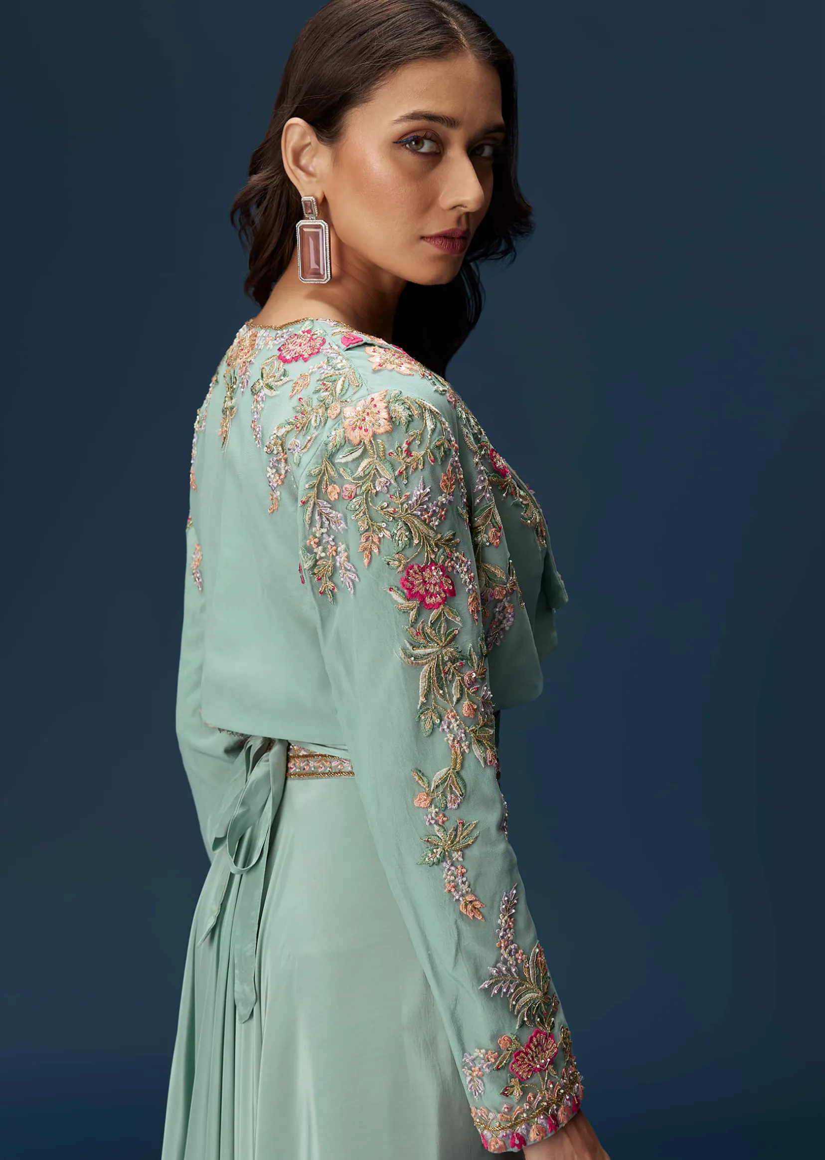 Blue Embroidered Palazzo Set With Coordinated Jacket And Blouse