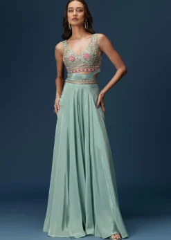 Blue Embroidered Palazzo Set With Coordinated Jacket And Blouse