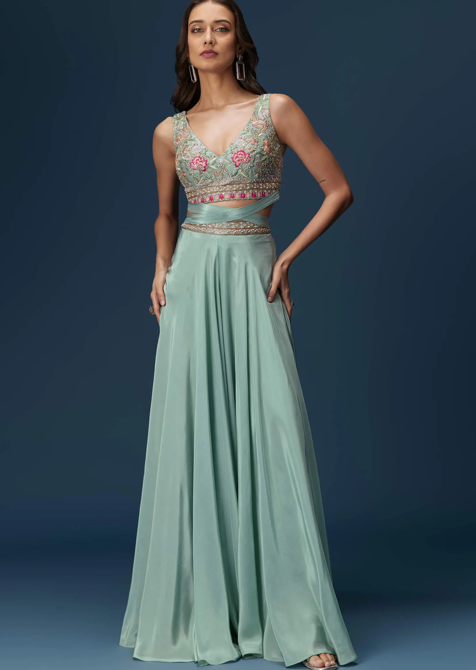 Blue Embroidered Palazzo Set With Coordinated Jacket And Blouse