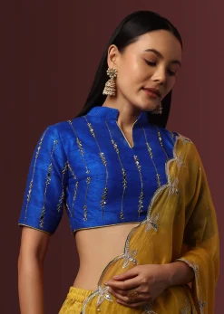 Blue Embroidered Raw Silk Blouse