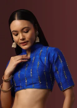 Blue Embroidered Raw Silk Blouse