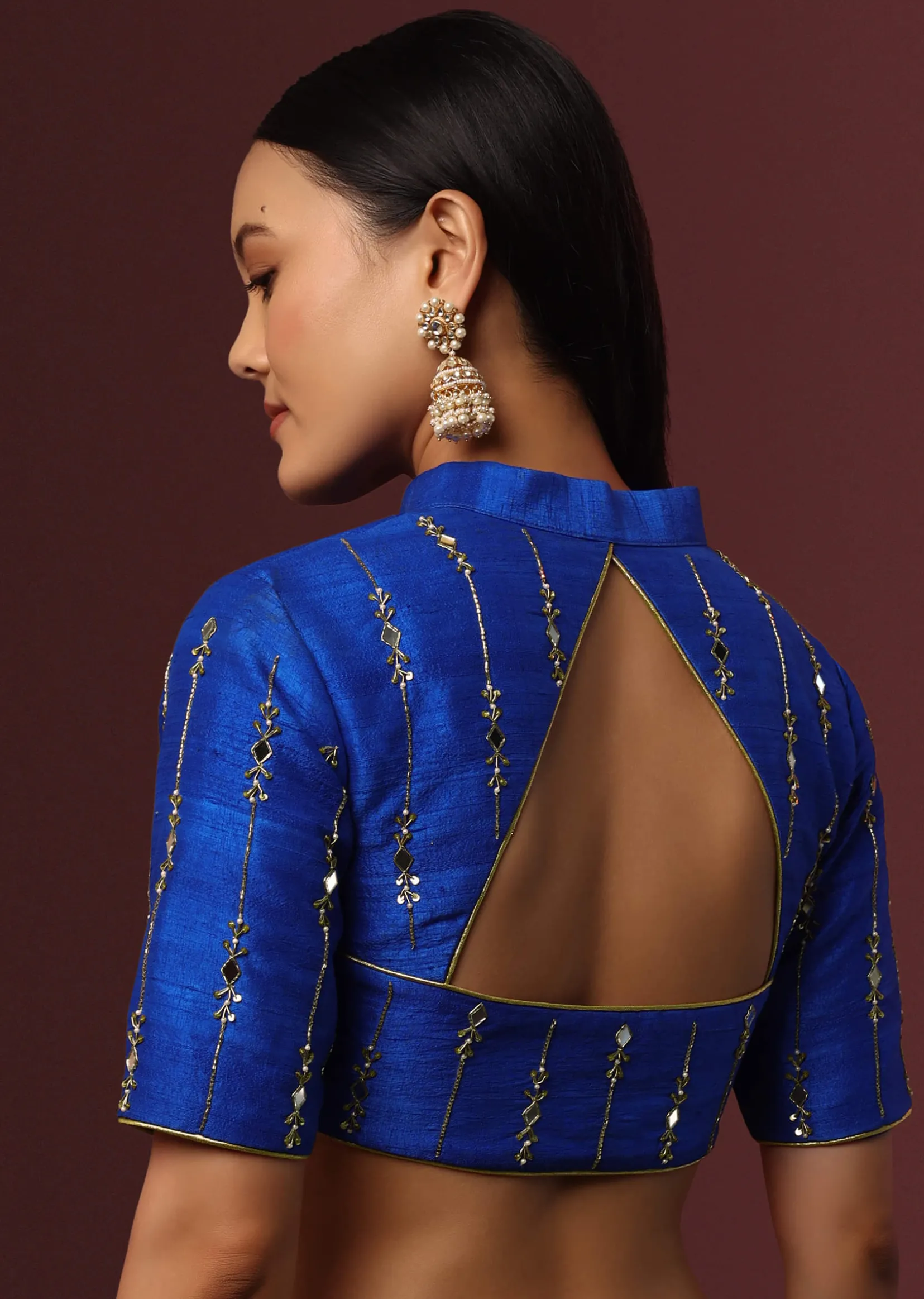 Blue Embroidered Raw Silk Blouse