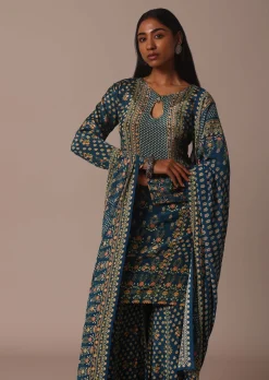 Blue Embroidered Sharara Set With Printed And Stone Work Kurta