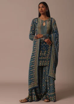 Blue Embroidered Sharara Set With Printed And Stone Work Kurta