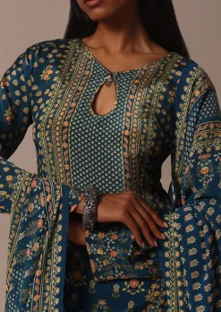 Blue Embroidered Sharara Set With Printed And Stone Work Kurta