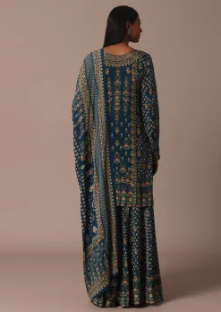 Blue Embroidered Sharara Set With Printed And Stone Work Kurta