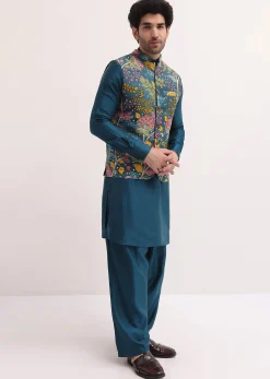 Blue Embroidered Silk Kurta Jacket Set For Men