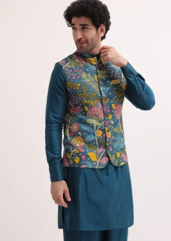 Blue Embroidered Silk Kurta Jacket Set For Men