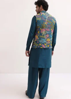 Blue Embroidered Silk Kurta Jacket Set For Men