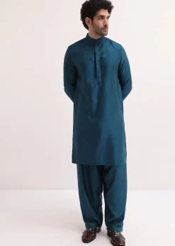 Blue Embroidered Silk Kurta Jacket Set For Men