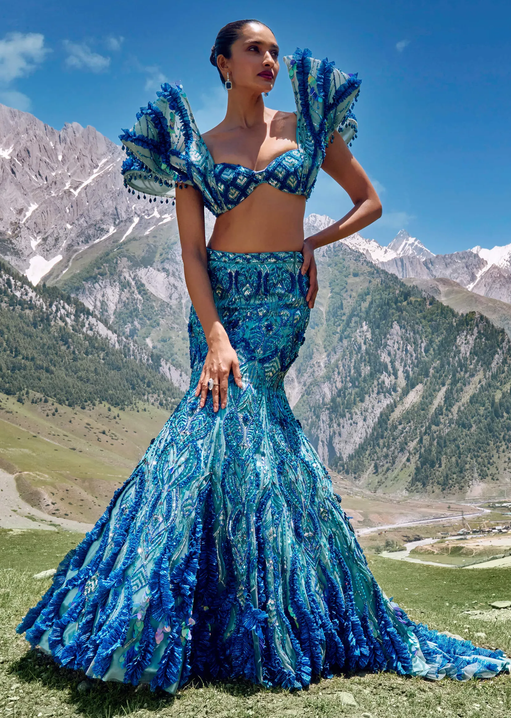 Blue Fish Cut Bridal Lehenga Set With Heavy Embroidery