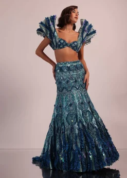 Blue Fish Cut Bridal Lehenga Set With Heavy Embroidery