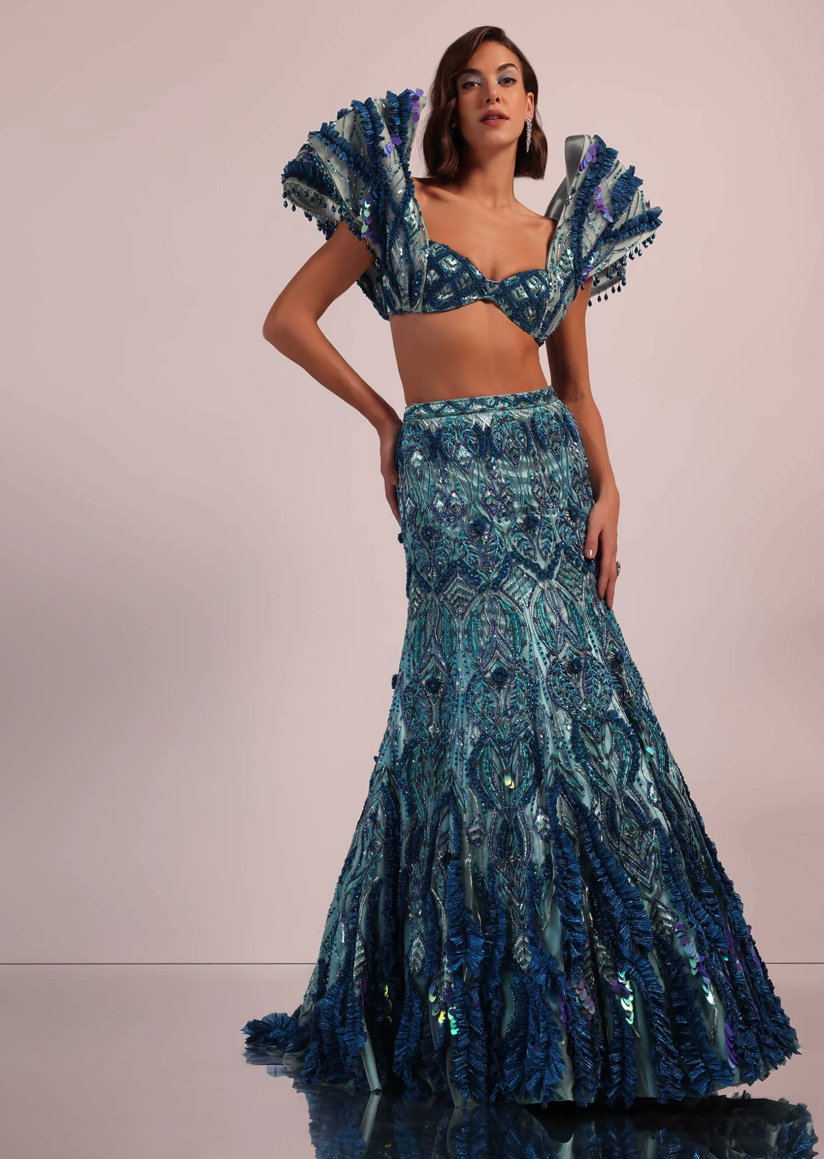 Blue Fish Cut Bridal Lehenga Set With Heavy Embroidery