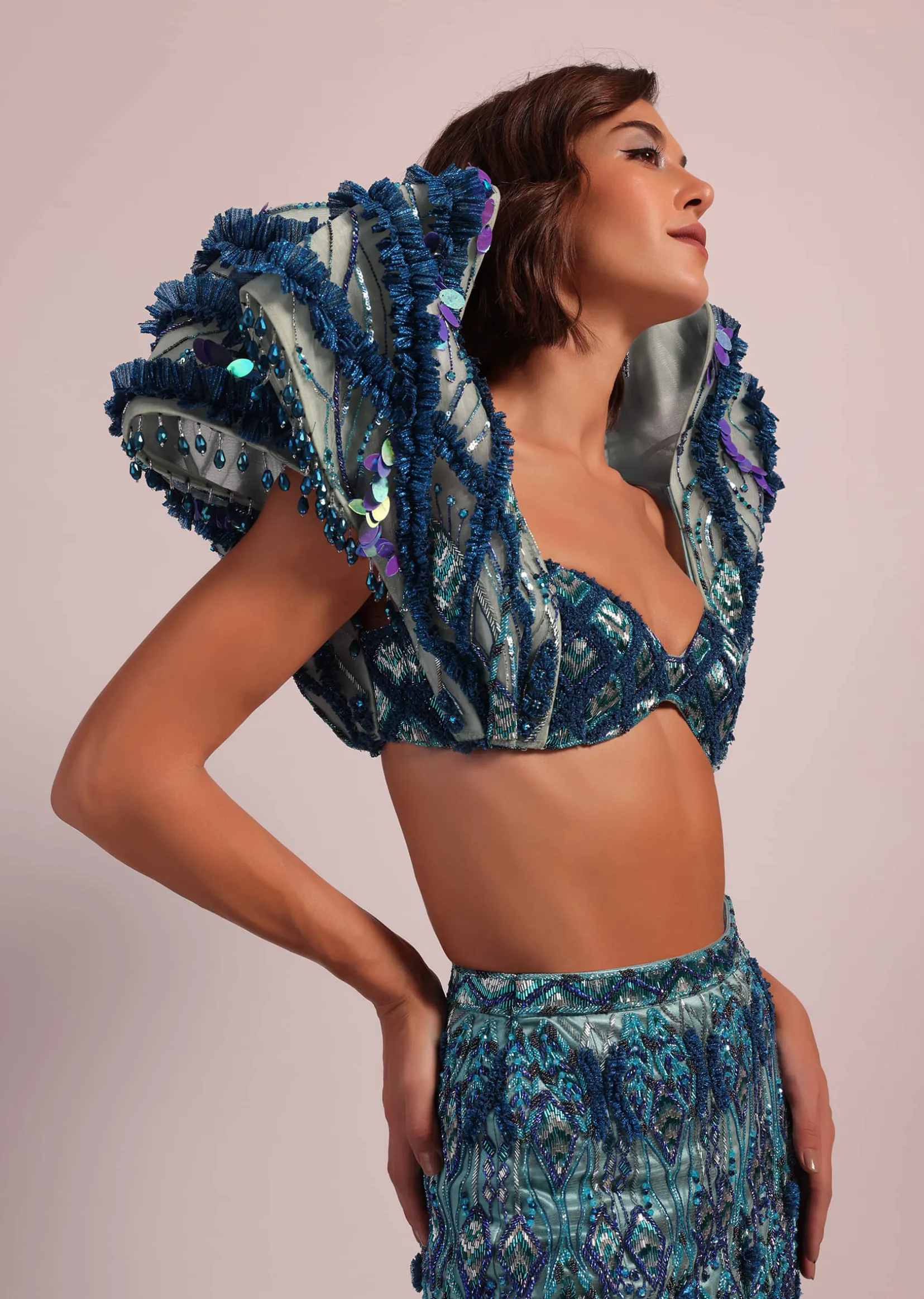 Blue Fish Cut Bridal Lehenga Set With Heavy Embroidery