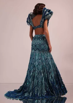 Blue Fish Cut Bridal Lehenga Set With Heavy Embroidery