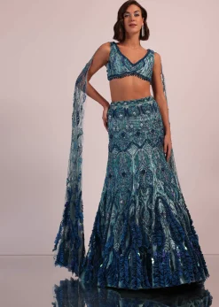Blue Fish Cut Bridal Lehenga Set With Long Trail Sleeves And Heavy Embroidery