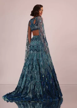 Blue Fish Cut Bridal Lehenga Set With Long Trail Sleeves And Heavy Embroidery