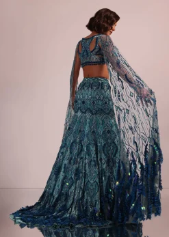 Blue Fish Cut Bridal Lehenga Set With Long Trail Sleeves And Heavy Embroidery
