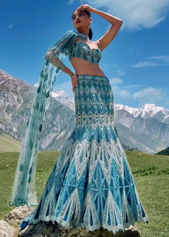 Blue Fish Cut Bridal Lehenga Set In Net With Hand Embroidery