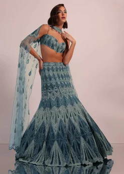 Blue Fish Cut Bridal Lehenga Set In Net With Hand Embroidery