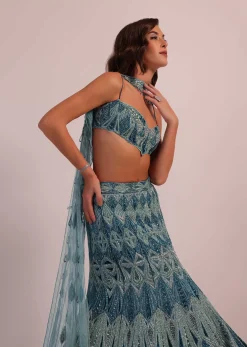 Blue Fish Cut Bridal Lehenga Set In Net With Hand Embroidery