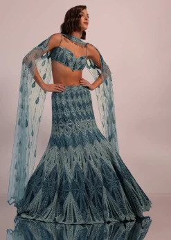 Blue Fish Cut Bridal Lehenga Set In Net With Hand Embroidery