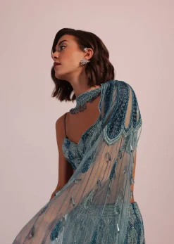Blue Fish Cut Bridal Lehenga Set In Net With Hand Embroidery