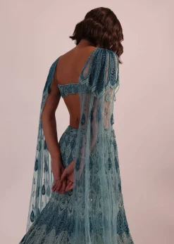 Blue Fish Cut Bridal Lehenga Set In Net With Hand Embroidery