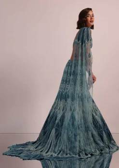 Blue Fish Cut Bridal Lehenga Set In Net With Hand Embroidery