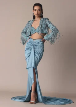 Blue Fish Cut Gathered Zardosi Draped Skirt And Tassel Jacket Set