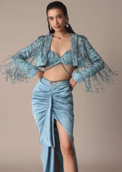 Blue Fish Cut Gathered Zardosi Draped Skirt And Tassel Jacket Set