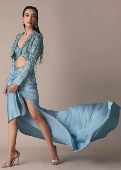Blue Fish Cut Gathered Zardosi Draped Skirt And Tassel Jacket Set