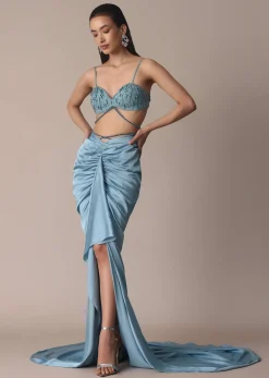 Blue Fish Cut Gathered Zardosi Draped Skirt And Tassel Jacket Set