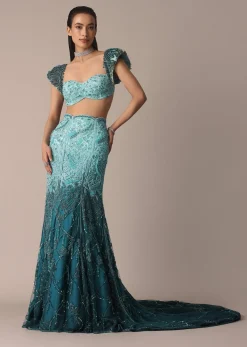 Blue Fish Cut Ombre Trail Skirt And Tassel Embellished Blouse