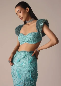 Blue Fish Cut Ombre Trail Skirt And Tassel Embellished Blouse