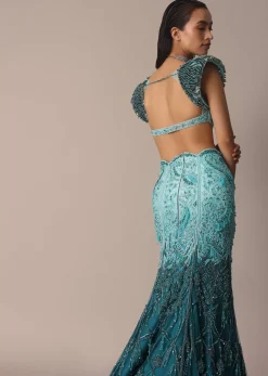 Blue Fish Cut Ombre Trail Skirt And Tassel Embellished Blouse