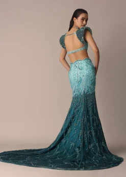 Blue Fish Cut Ombre Trail Skirt And Tassel Embellished Blouse