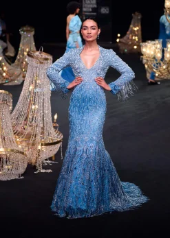 Blue Fish Cut Ombre Trail Embroidered Gown