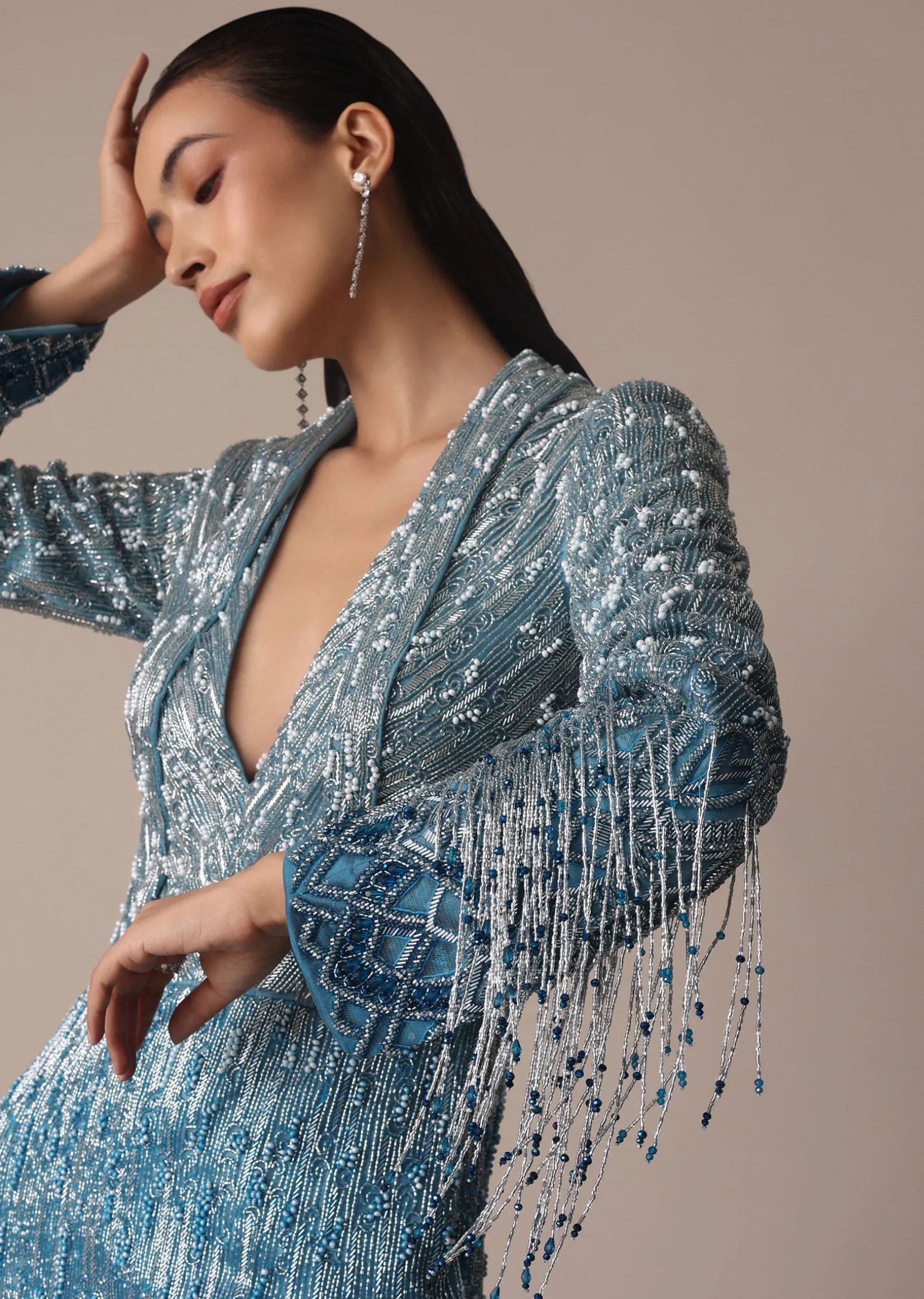 Blue Fish Cut Ombre Trail Embroidered Gown