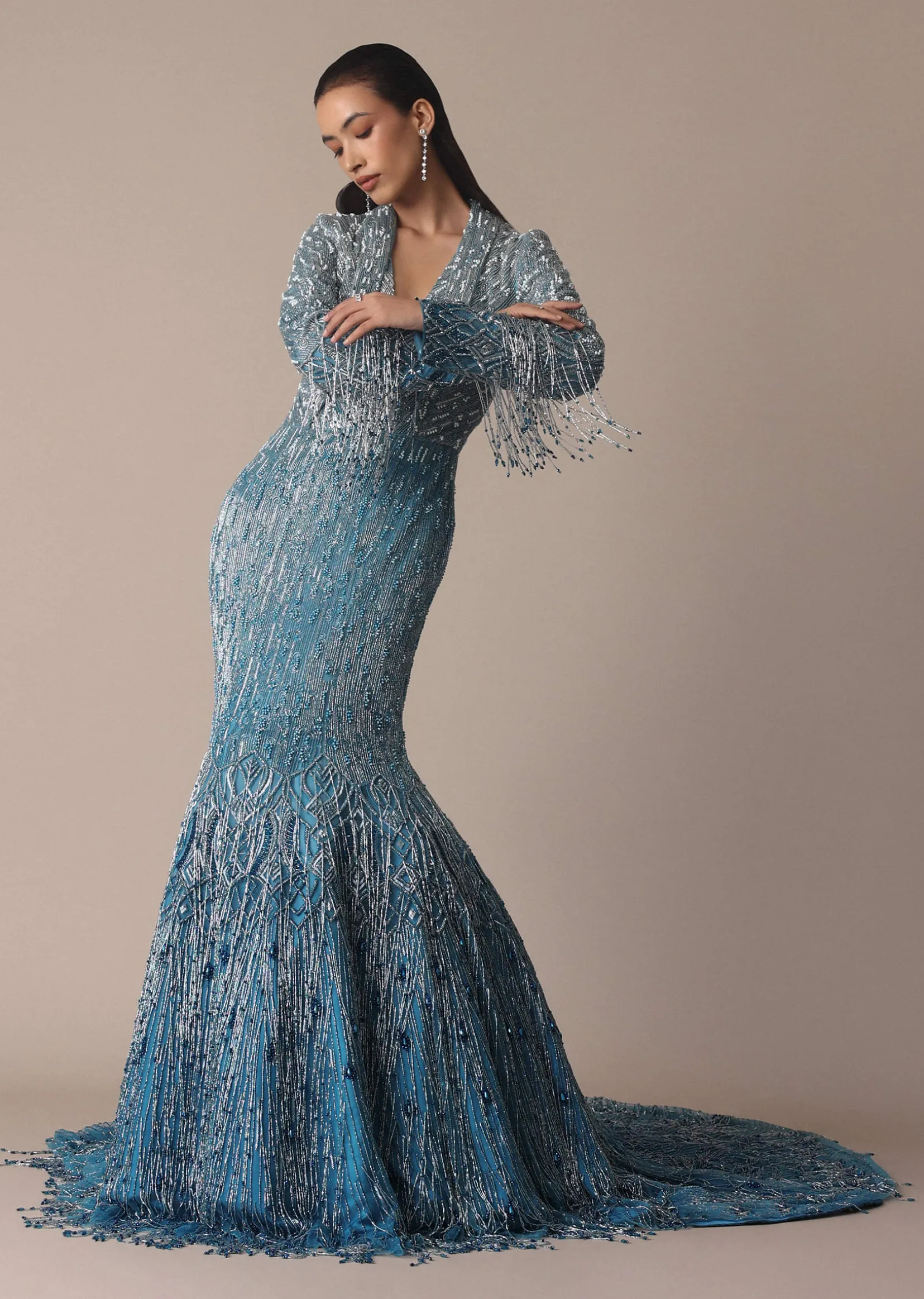 Blue Fish Cut Ombre Trail Embroidered Gown