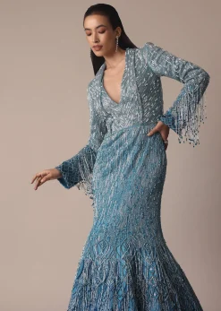 Blue Fish Cut Ombre Trail Embroidered Gown
