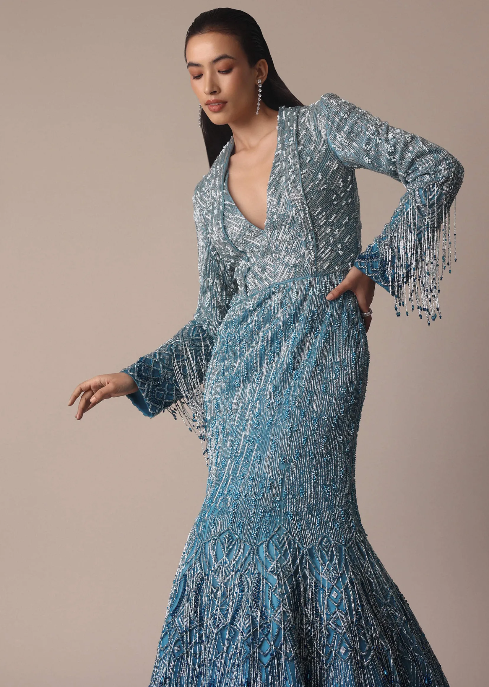 Blue Fish Cut Ombre Trail Embroidered Gown