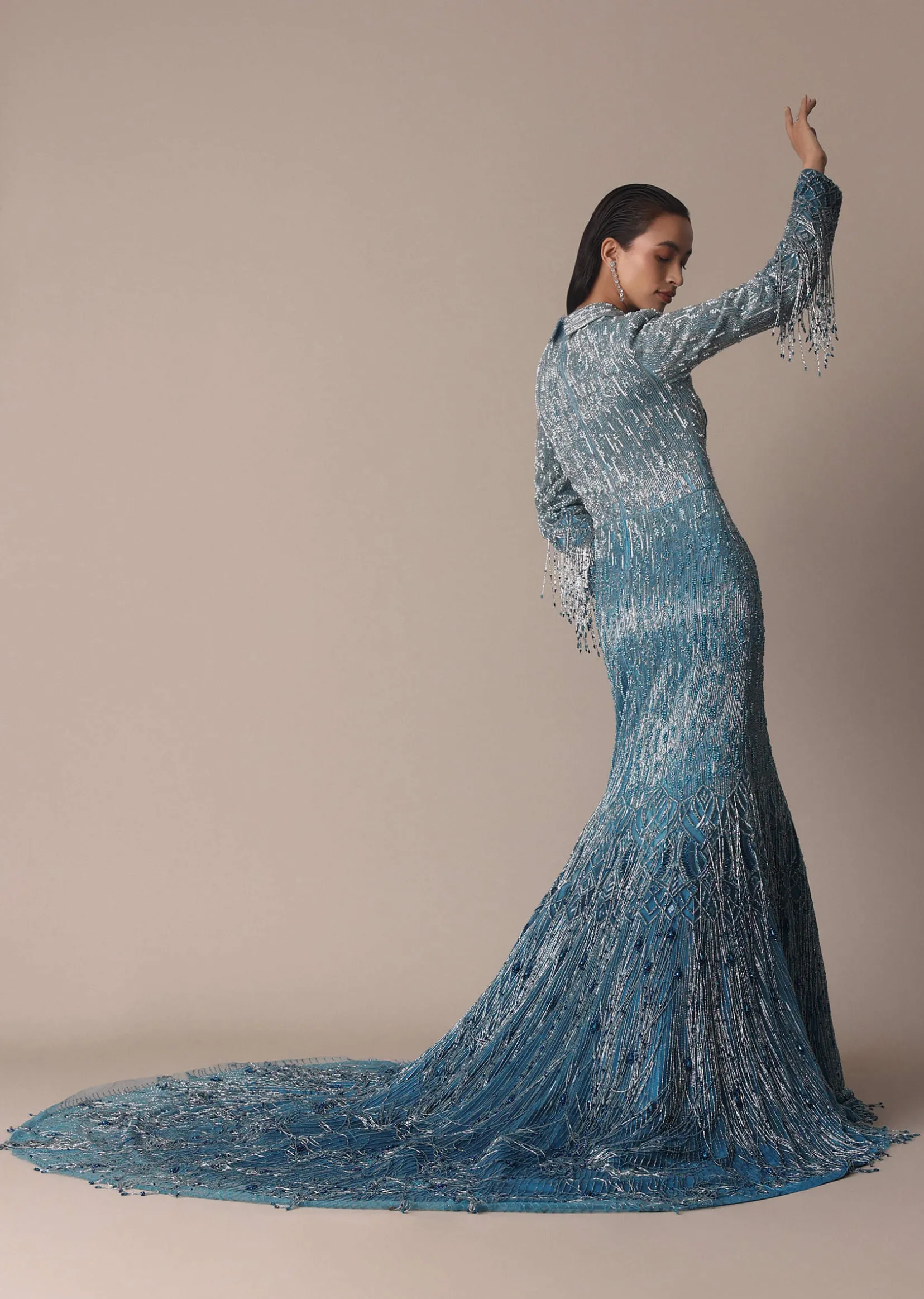 Blue Fish Cut Ombre Trail Embroidered Gown