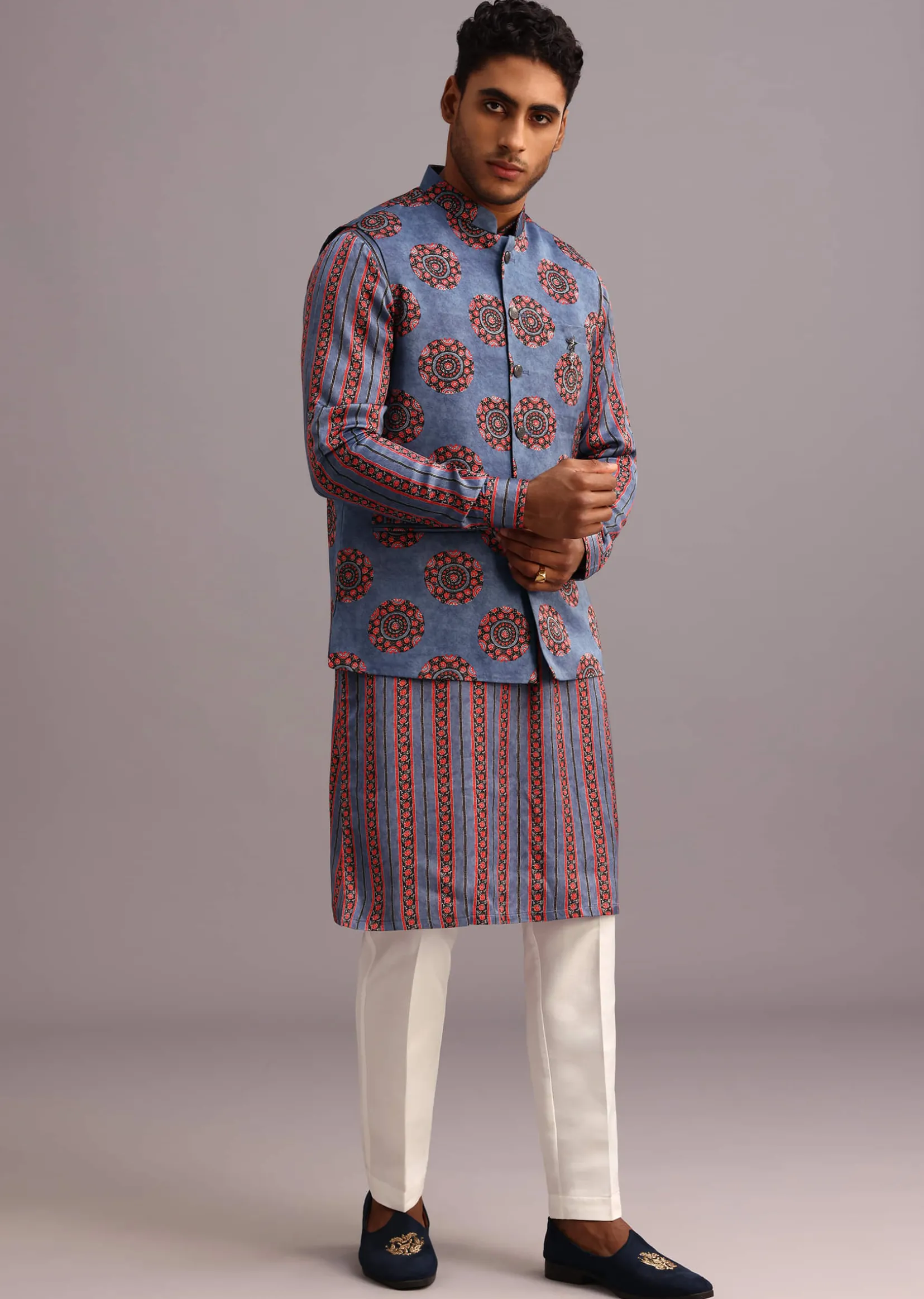 Blue Floral And Stripe Print Jacket Kurta Set In Silk