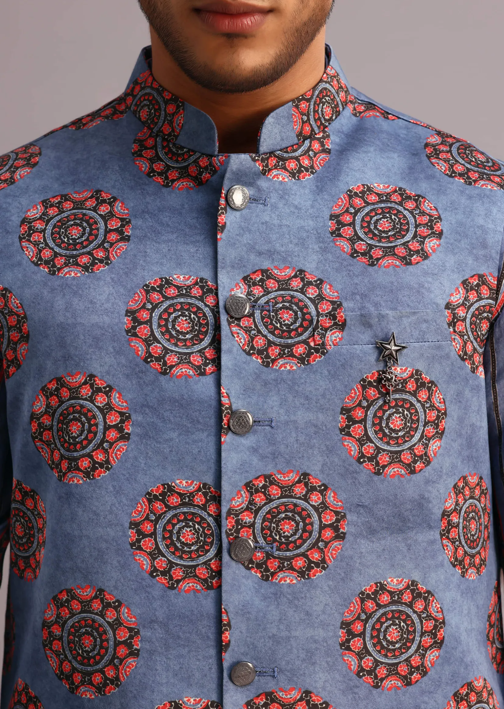 Blue Floral And Stripe Print Jacket Kurta Set In Silk
