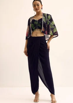Blue Floral Crop Top And Dhoti Set