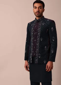 Blue Floral Embroidered Indowestern For Men