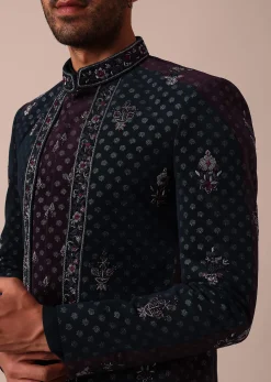 Blue Floral Embroidered Indowestern For Men